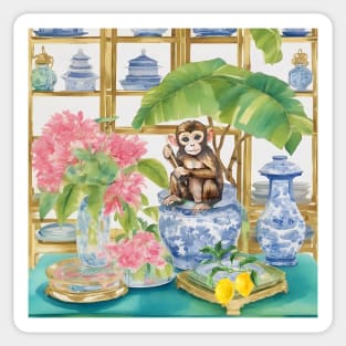 Cute monkey, lemons and chinoiserie jars Sticker